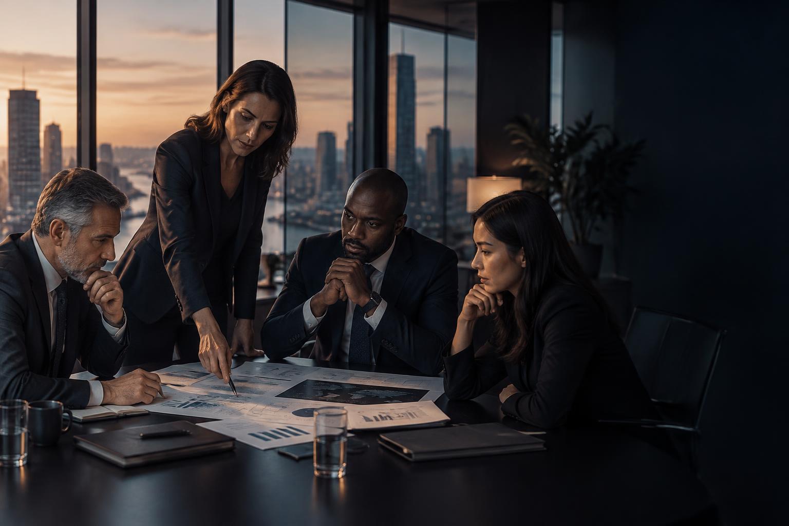 Executivos analisando dados e decisões estratégicas